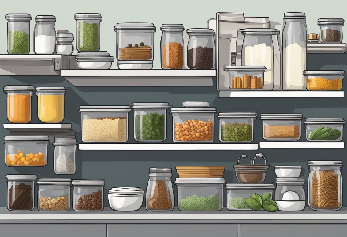 A kitchen counter with various stackable containers filled with utensils, spices, and other kitchen items neatly organized in 25 different ways