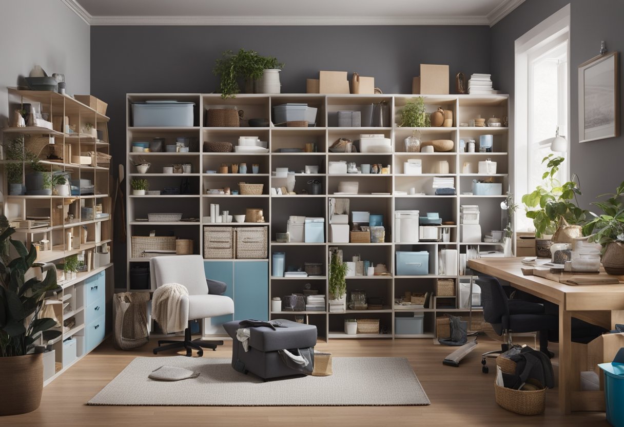 A cluttered room transformed into a spotless, organized space over the course of seven days, with cleaning supplies, tools, and furniture arranged neatly