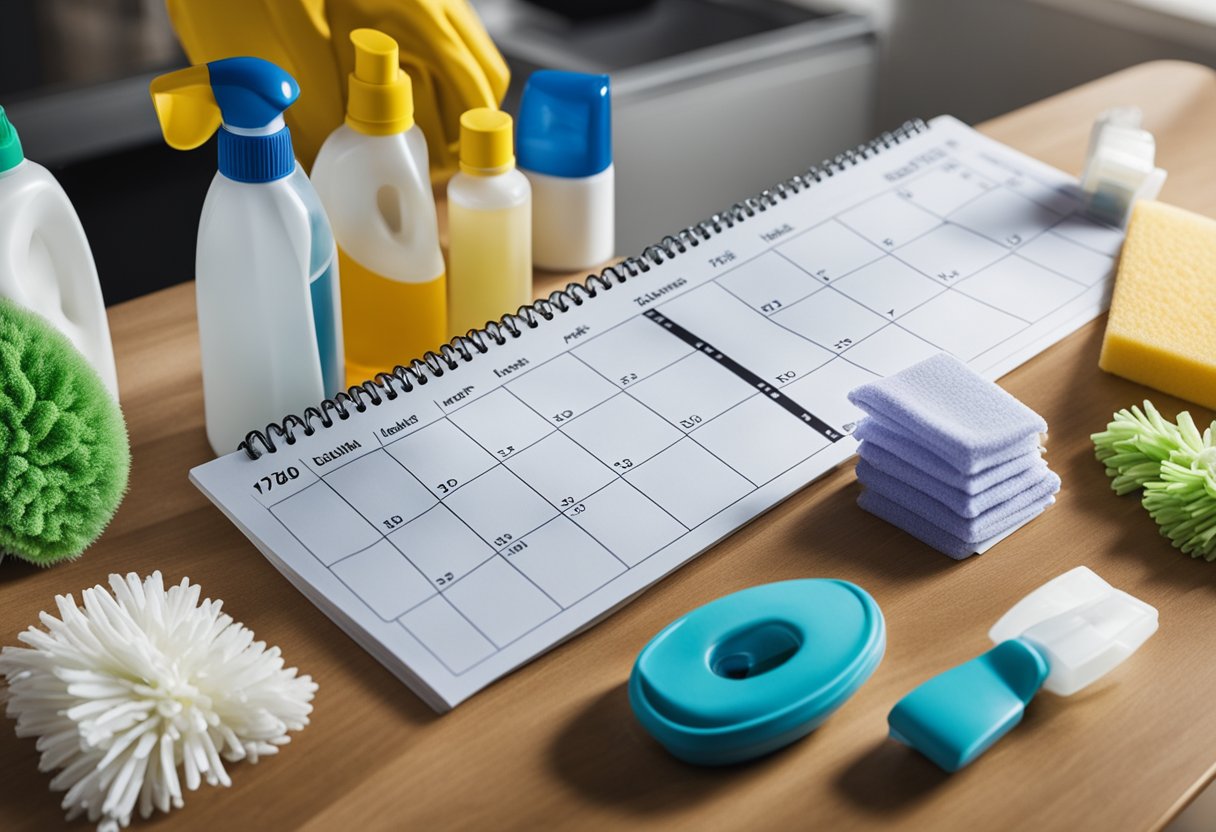 Various cleaning supplies arranged on a table with a calendar showing a 7-day schedule. Vacuum, mop, duster, and spray bottles are ready for use