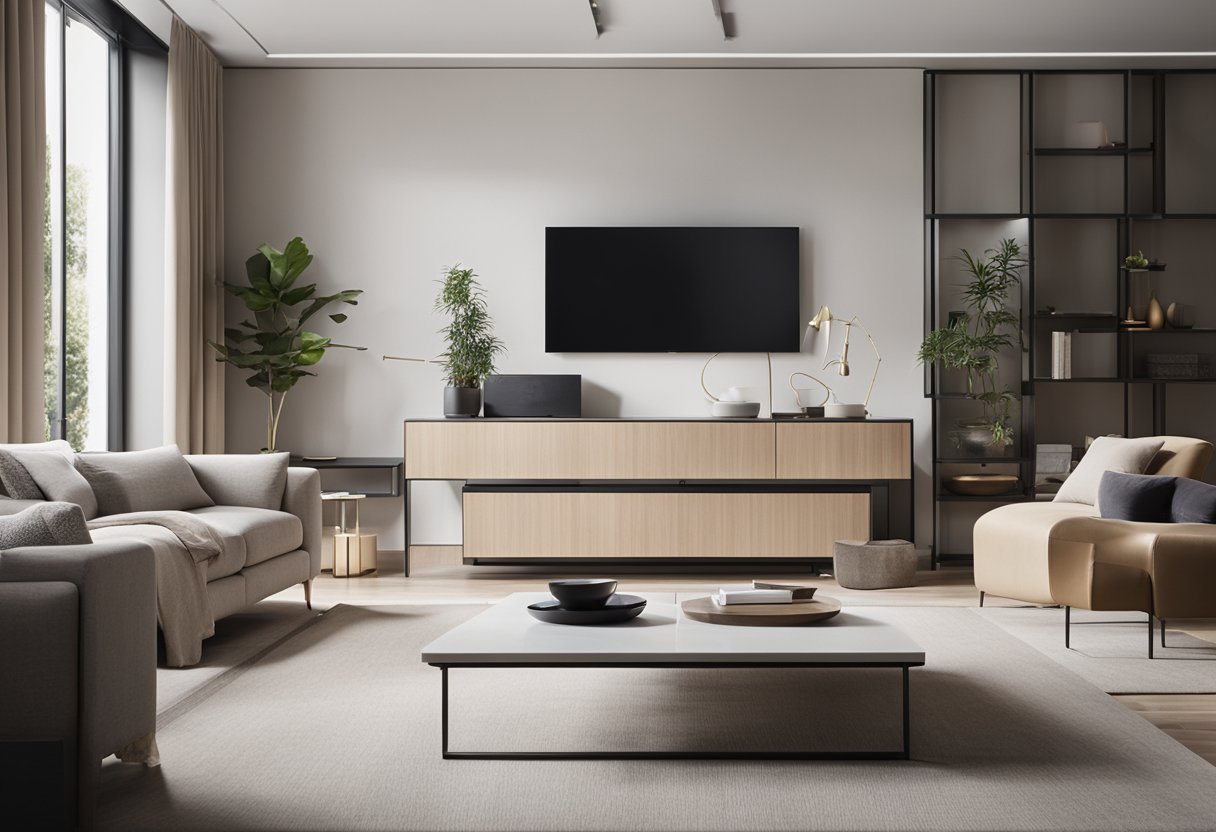 A sleek, modern living room with minimalist furniture and storage solutions. Clean lines and neutral colors create a sense of calm and organization