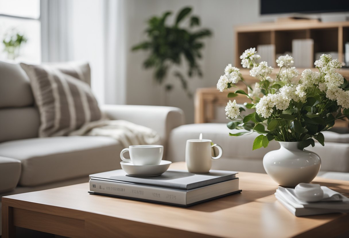 A tidy living room with neatly arranged furniture, clean surfaces, and organized shelves. A vase of fresh flowers sits on a spotless coffee table, adding a touch of natural beauty to the serene environment