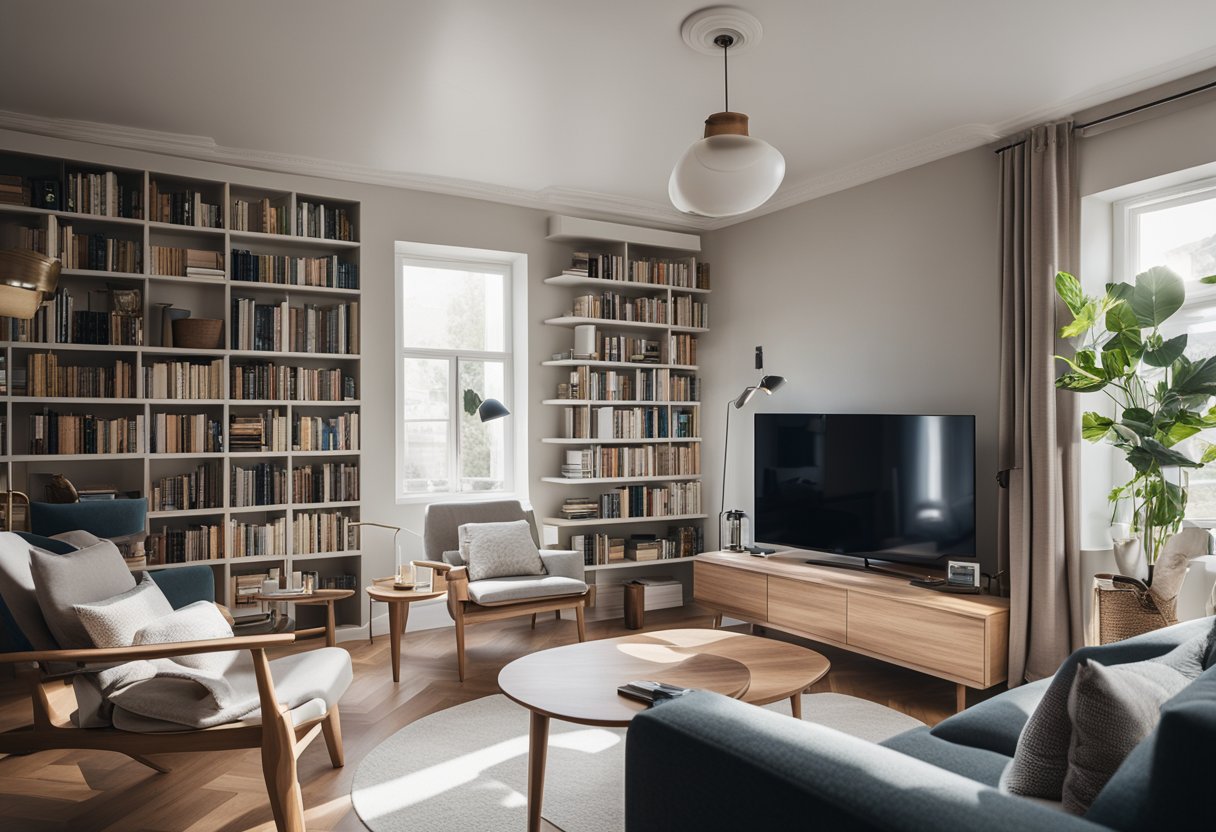 A tidy living room with neatly arranged furniture, organized bookshelves, and minimal clutter. Sunlight streams in through open windows, creating a sense of calm and order