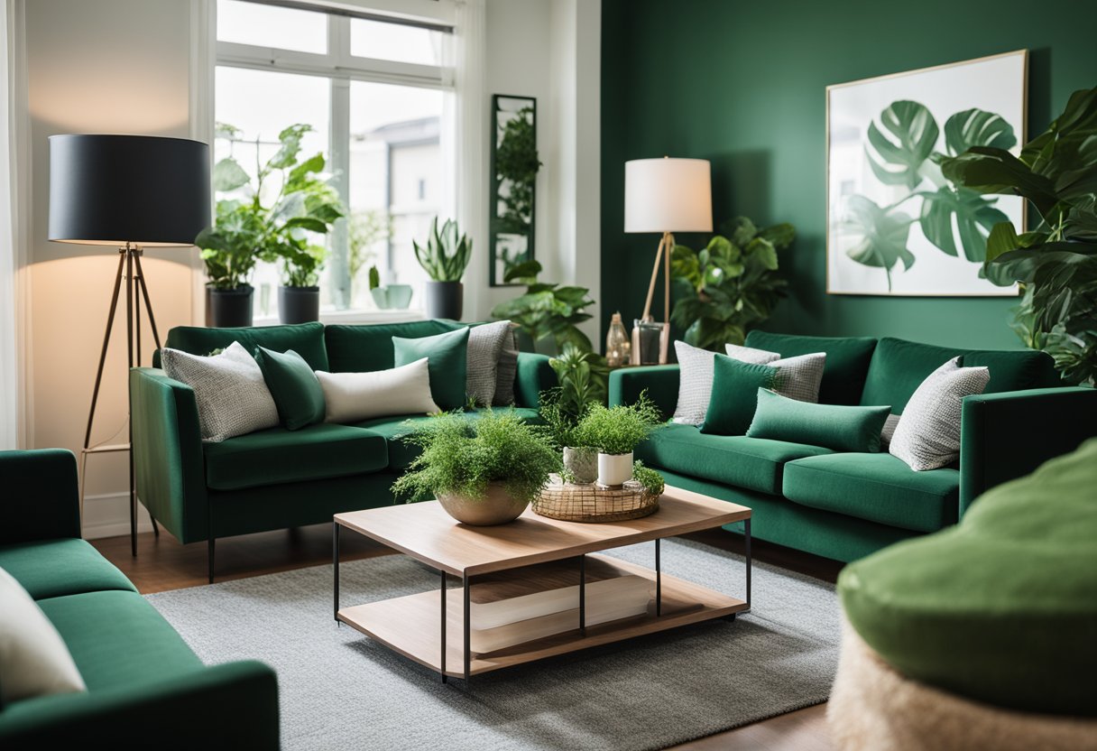 A cozy living room with green throw pillows, plants, and artwork, a green rug, and curtains, with a green accent wall and a vase of fresh greenery on the coffee table