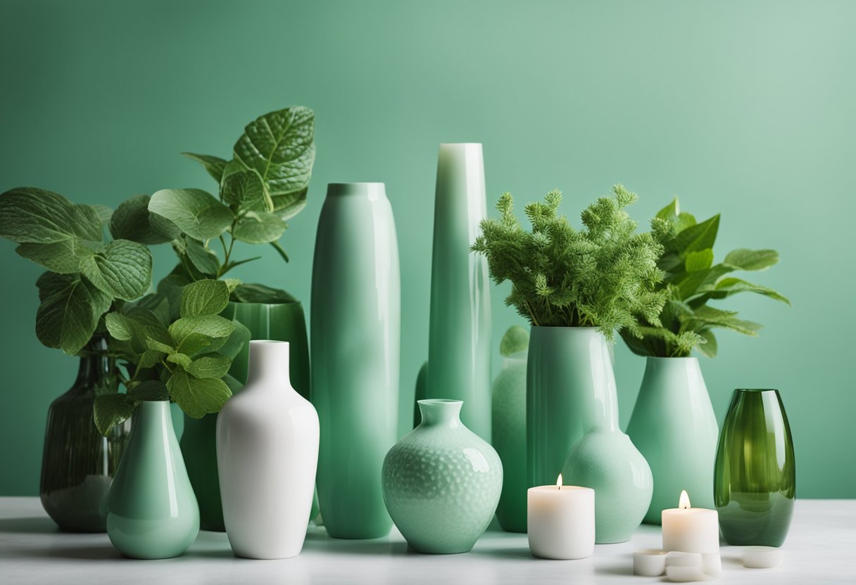 A collection of mint green vases arranged on a white table, surrounded by various green decor items such as plants, candles, and textiles