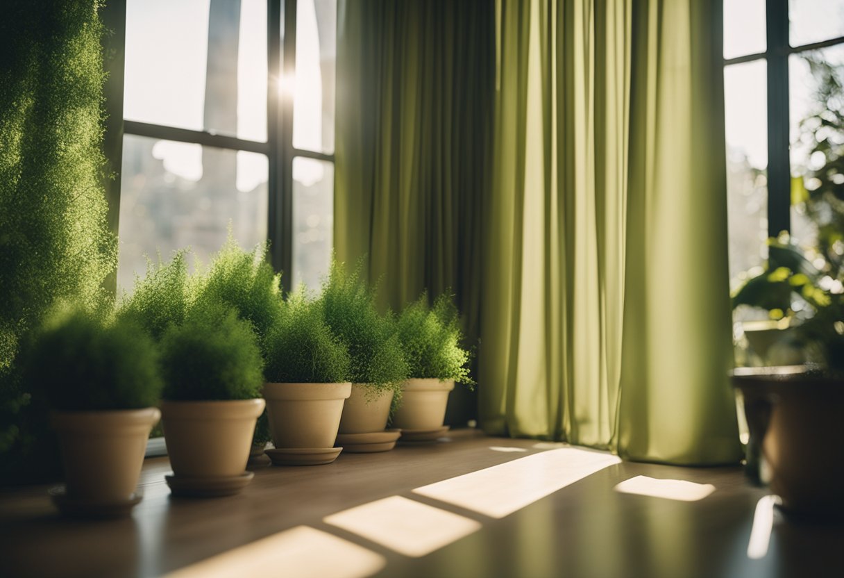 Moss green curtains billow in a sunlit room, surrounded by potted plants and nature-inspired decor