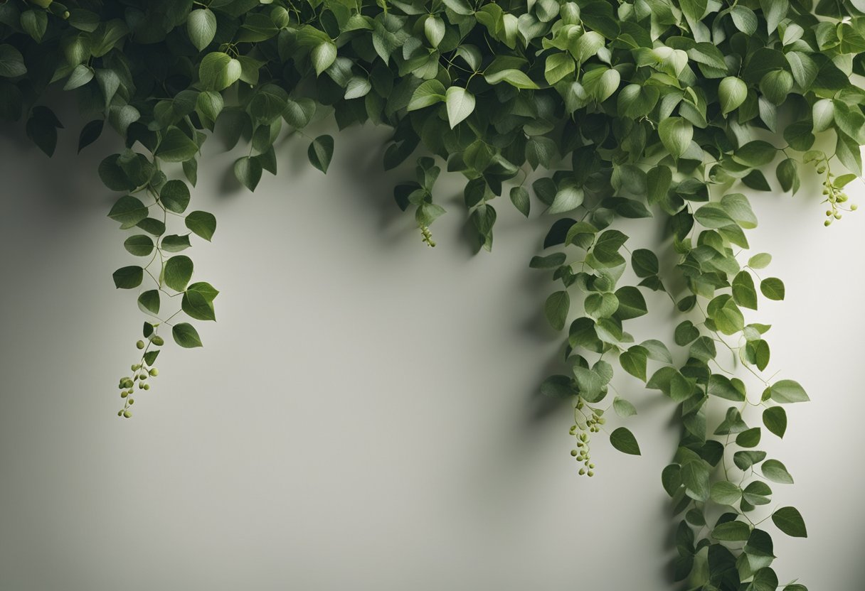 A lush green vine winds its way across a blank wall, adorned with vibrant olive leaves and delicate tendrils