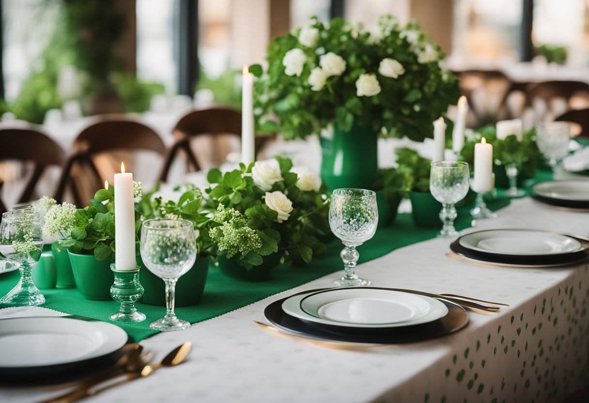 A table set with green clover-patterned tablecloths, adorned with potted plants, candles, and fresh flowers