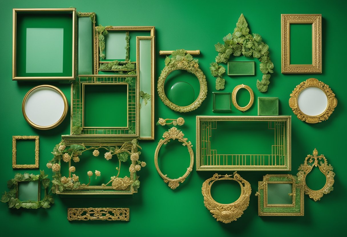 A variety of jade picture frames arranged in different styles against a green backdrop, showcasing 10 unique ways to decorate with the color green