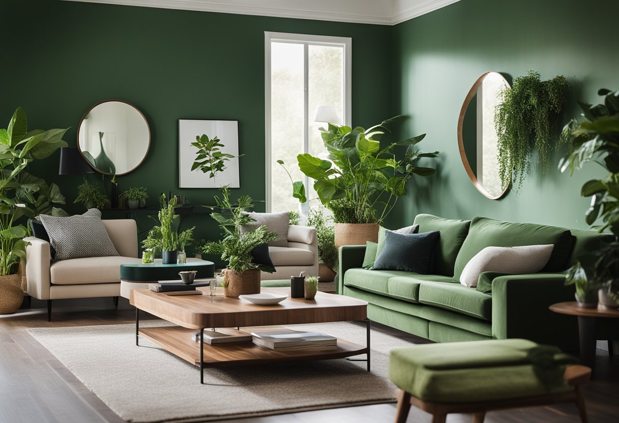 A living room with green accent walls, plants, and furniture. Natural light fills the space, creating a calming and refreshing atmosphere