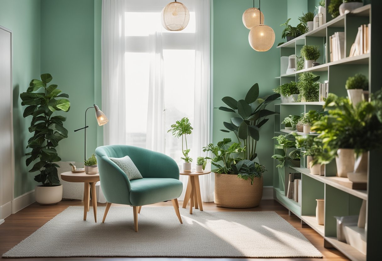 A cozy living room with seafoam green lamps casting a soft glow on a bookshelf, houseplants, and a comfortable armchair