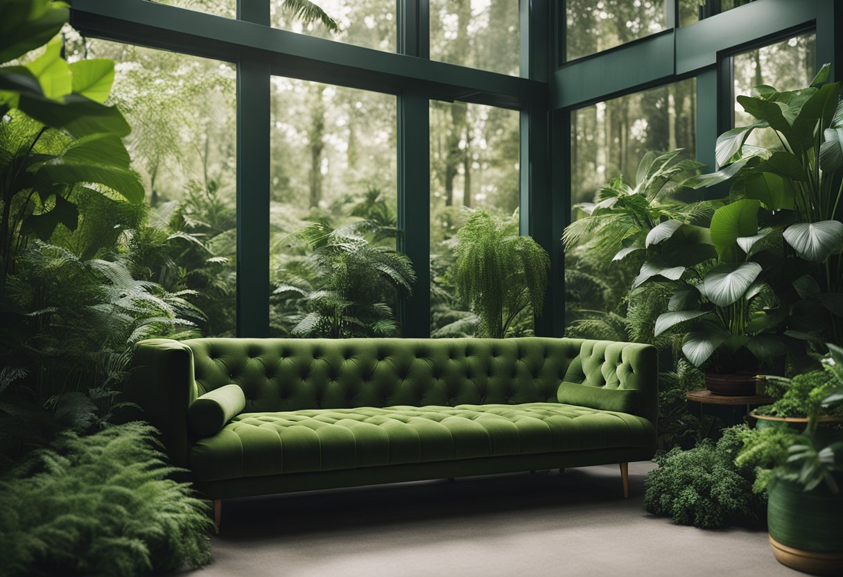 A cozy living room with emerald throw pillows on a neutral sofa, surrounded by green plants and accents