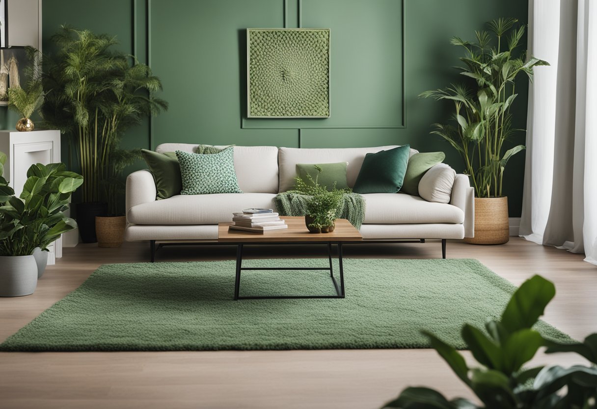 A cozy living room with a sage green rug as the focal point, surrounded by green accents in the form of plants, throw pillows, and artwork