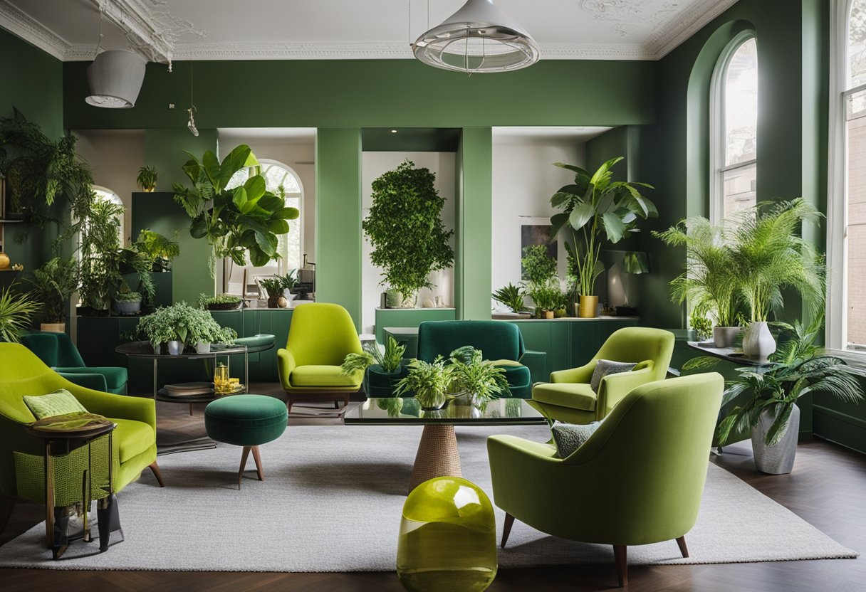 A living room with chartreuse accent chairs surrounded by various green decor and plants