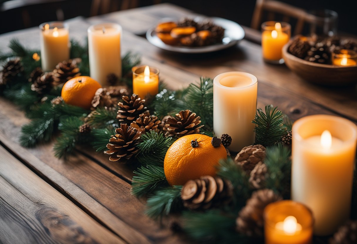 A wooden dining table with a rustic centerpiece of dried oranges and pine cones, accented with greenery and candles for a cozy Christmas ambiance