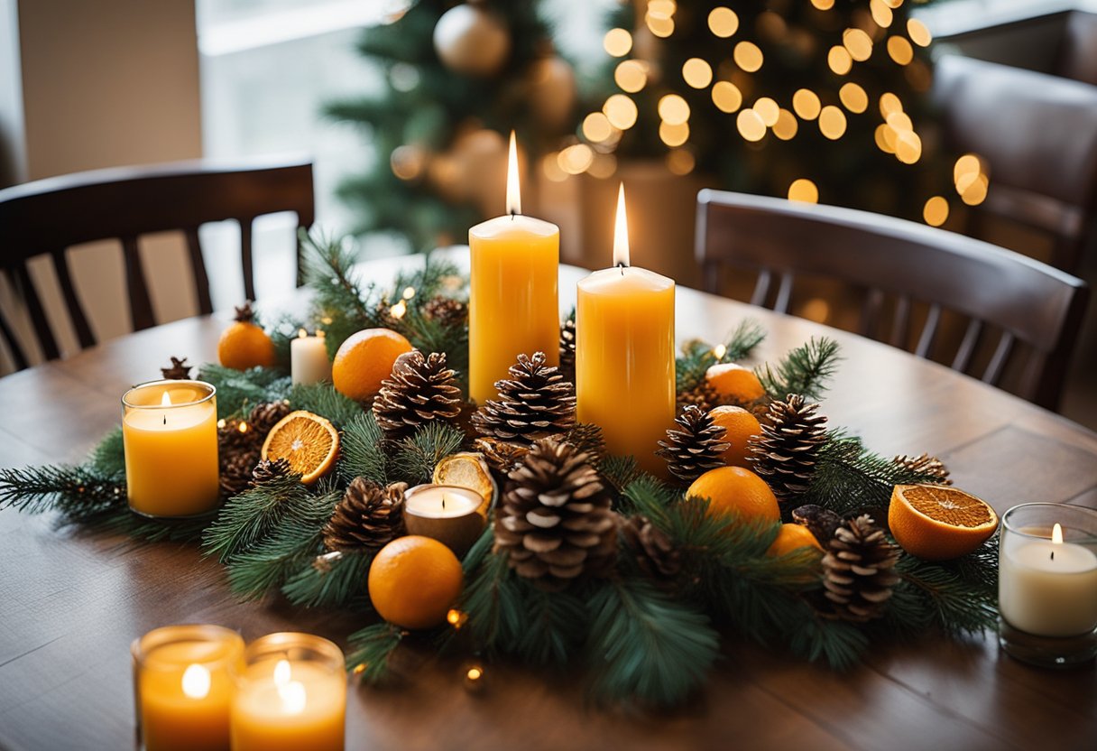 A dining table adorned with a festive centerpiece of dried oranges and pine cones, surrounded by flickering candles and evergreen branches