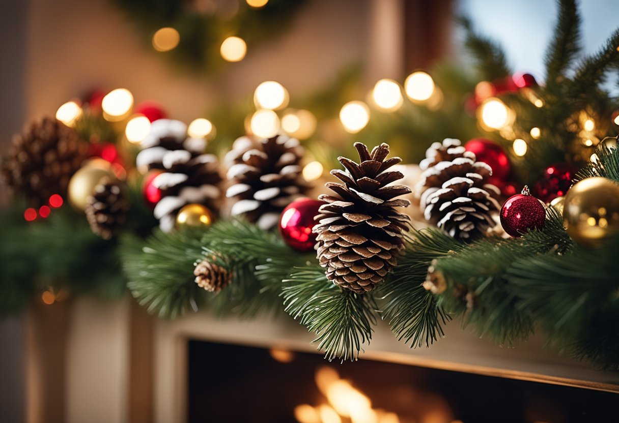 A snowy pine cone garland hangs from a rustic mantel, surrounded by other homemade Christmas decorations made of pine cones