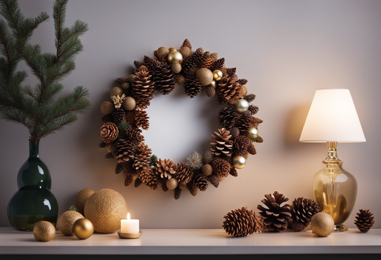 A pine cone picture frame hangs on a wall surrounded by other homemade Christmas decorations made of pine cones