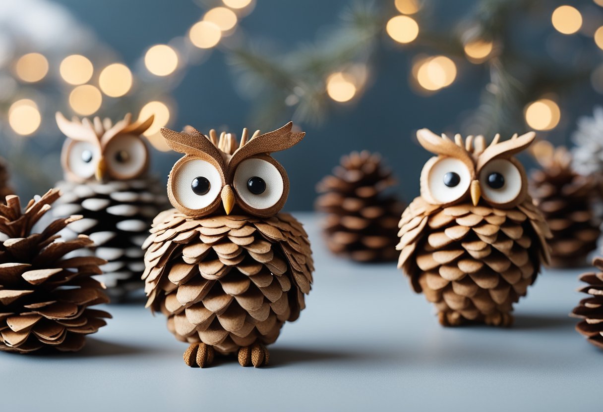 A group of pine cone owls arranged on a table, surrounded by other homemade Christmas decorations made of pine cones