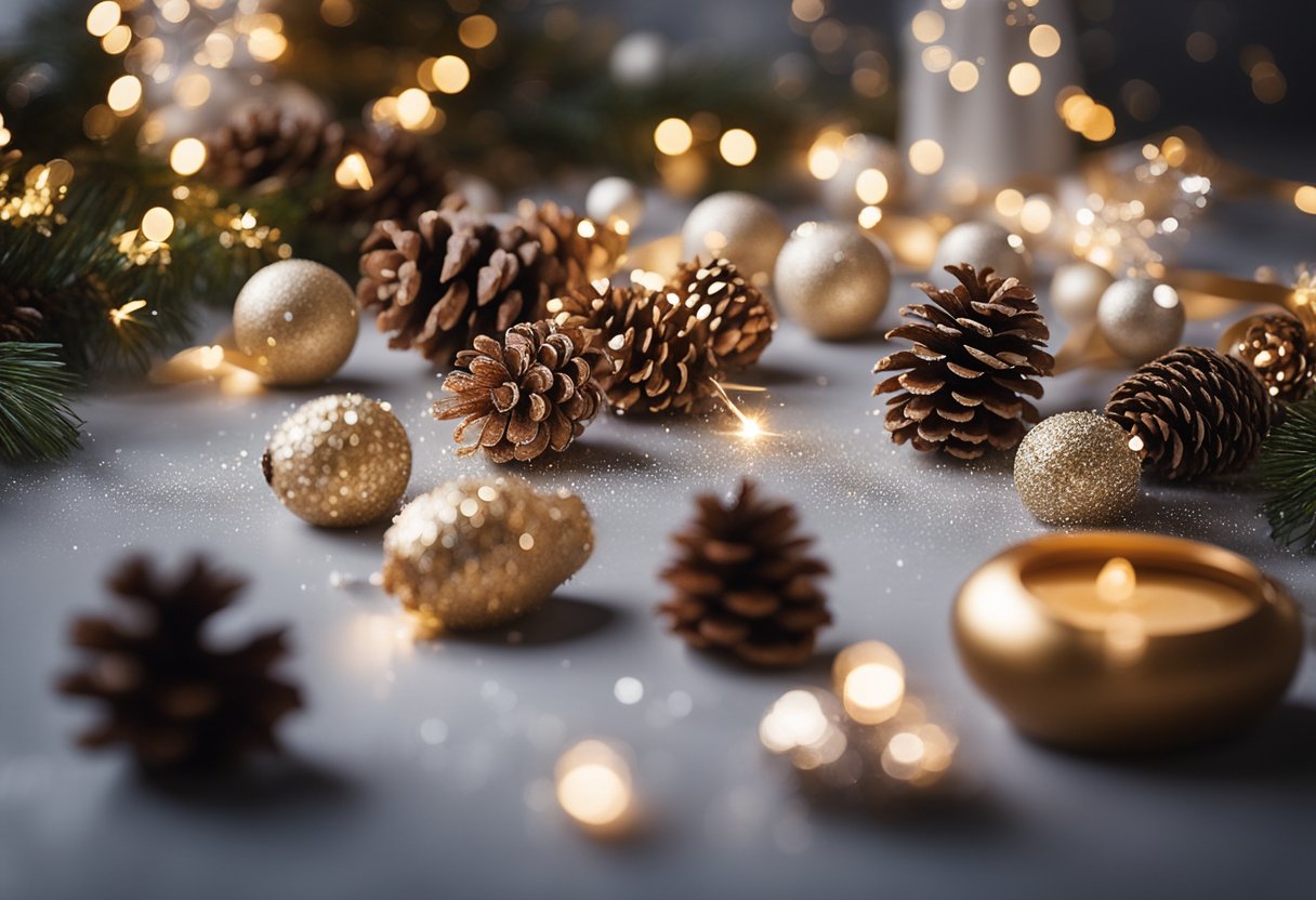 A table scattered with pine cones adorned with ribbons and glitter, ready to be used as homemade Christmas gift toppers