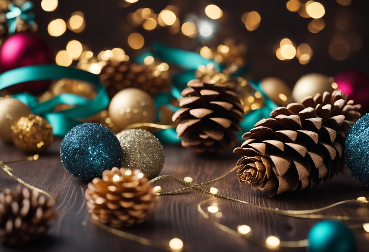 Pine cones arranged with ribbons, glitter, and paint, displayed on a table with other festive decorations