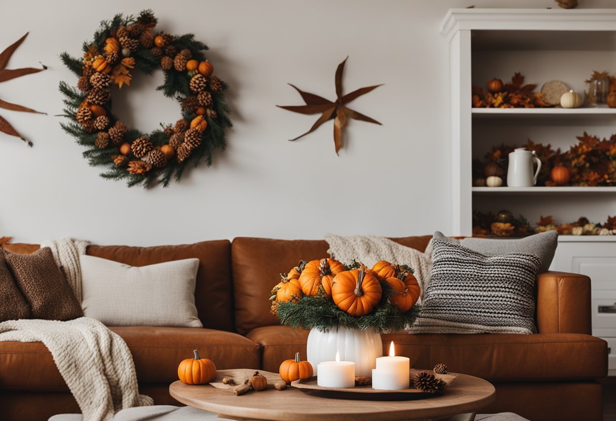 A cozy living room with pumpkins, pinecones, and autumn leaves scattered on the mantle and coffee table. A warm throw blanket drapes over the couch, and a wreath of fall foliage hangs on the wall