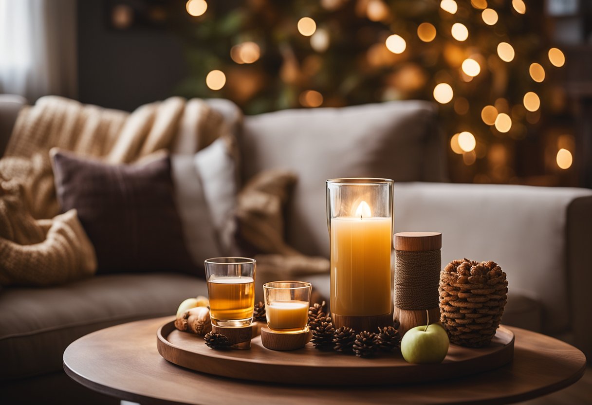 A cozy living room with warm lighting, plush pillows, and a table adorned with an apple cider diffuser surrounded by fall-inspired decor