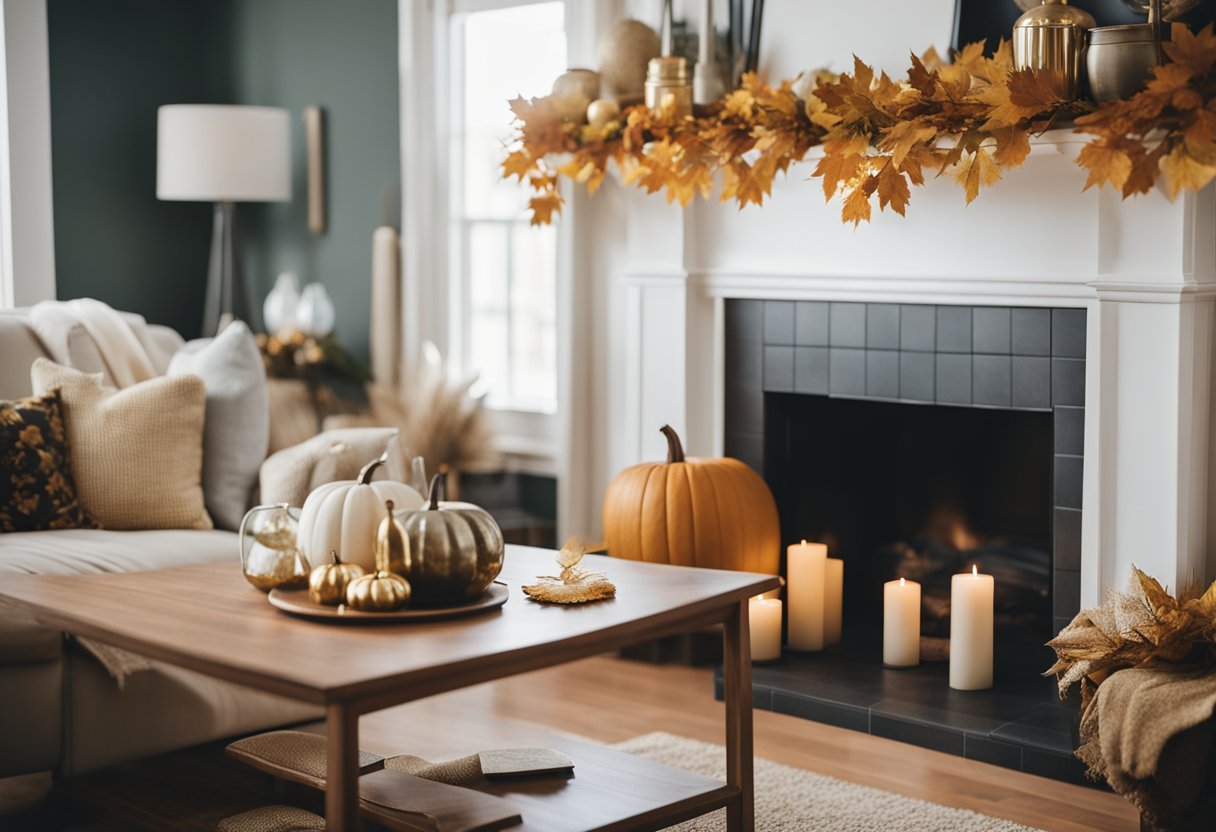 A cozy living room adorned with a golden leaf garland draped across the mantle, adding a touch of fall-inspired decor to the space