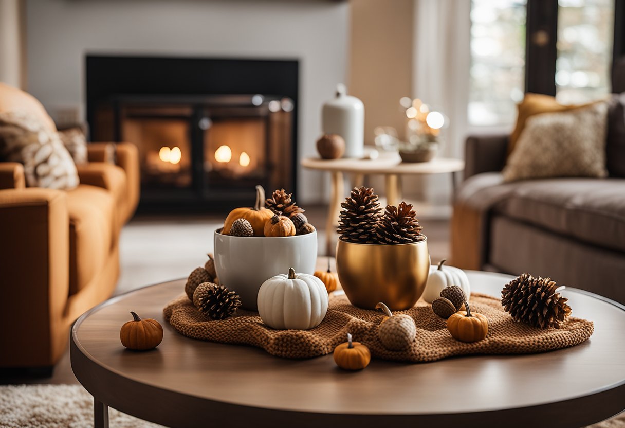 A cozy living room with acorn-themed accents: throw pillows, table centerpieces, and wall art in warm fall colors