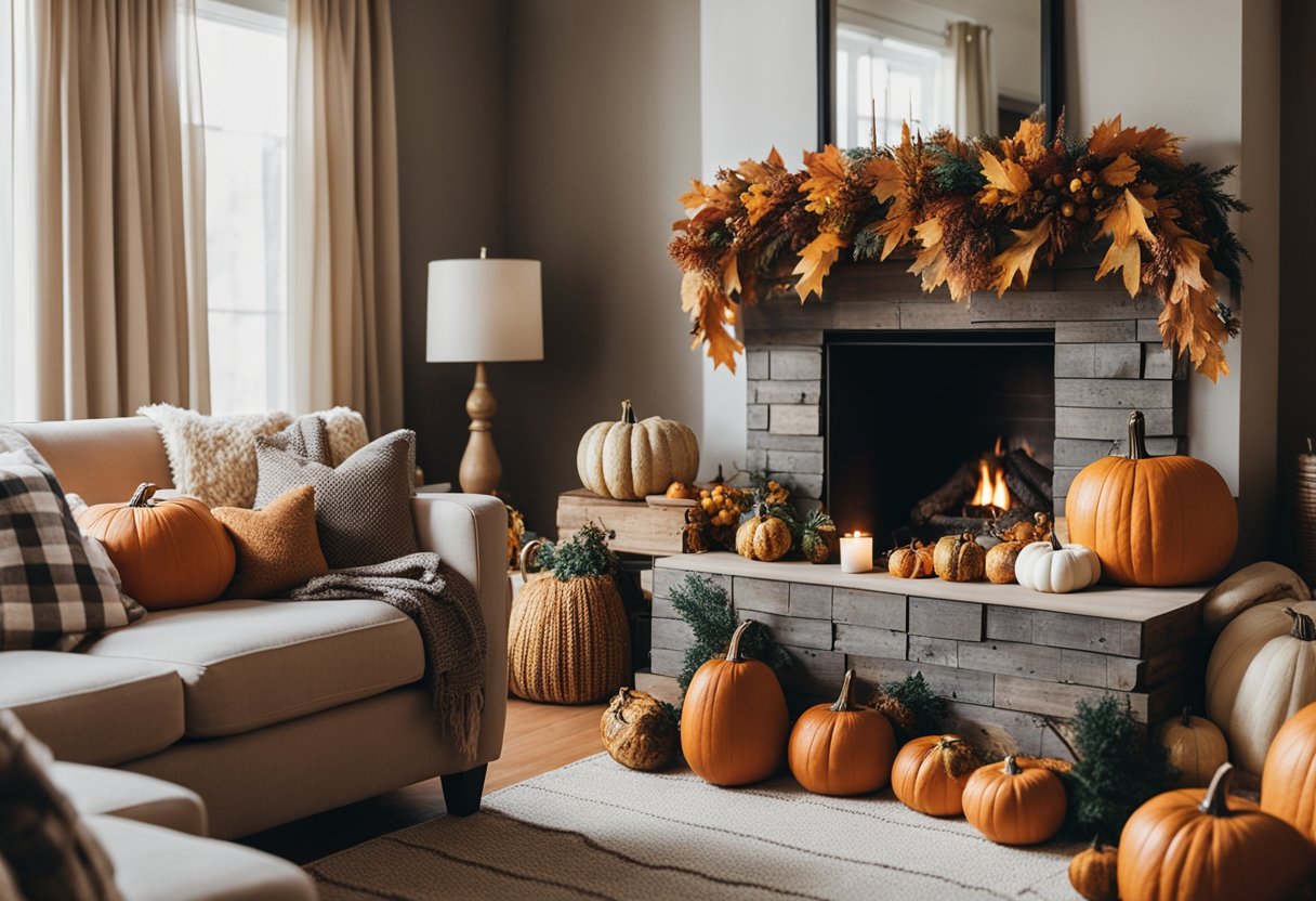 A cozy living room with a fireplace adorned with a harvest wreath, surrounded by autumn-inspired decor such as pumpkins, gourds, and warm-colored throw blankets