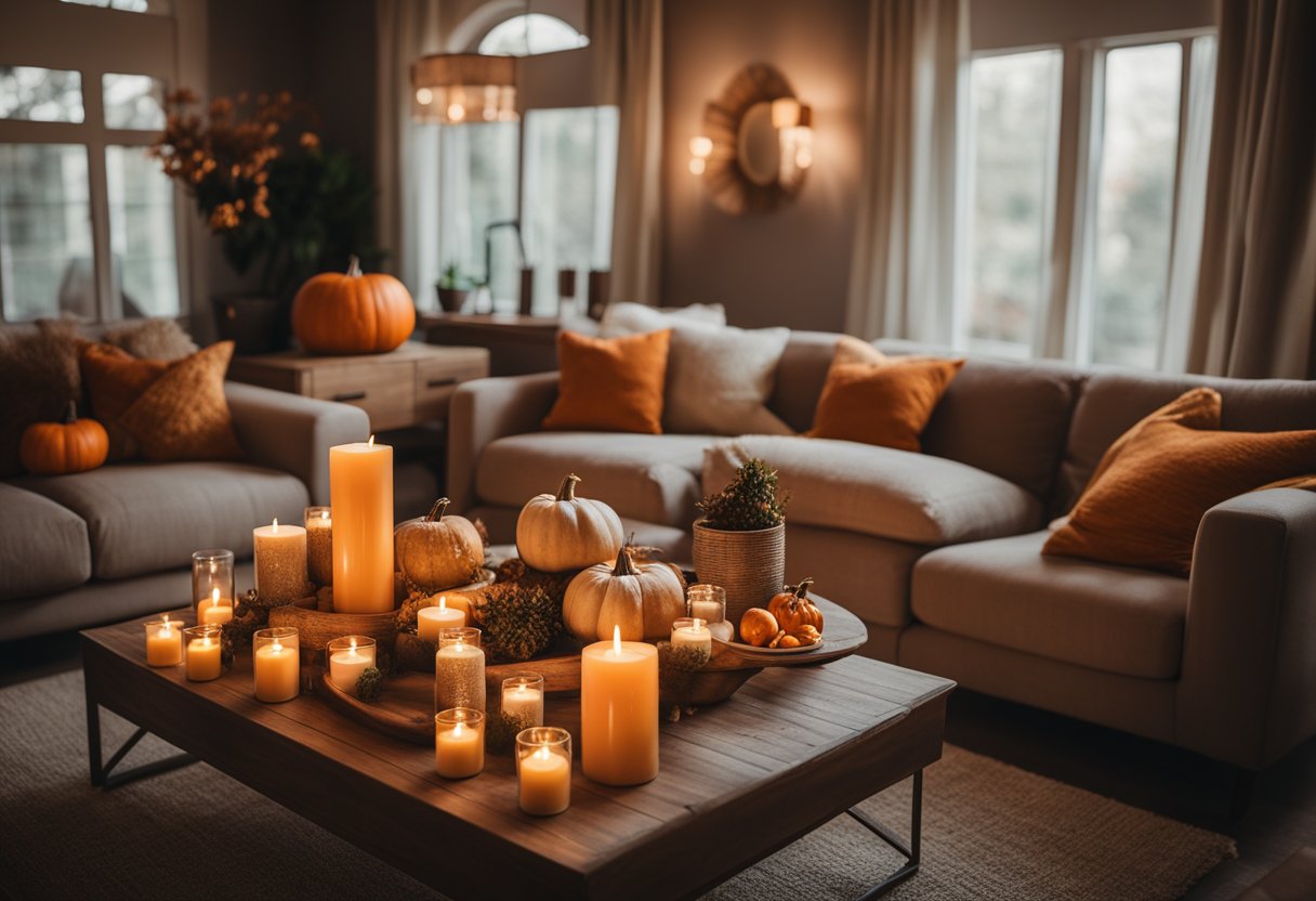 A cozy living room with warm lighting, a plush sofa, and a coffee table adorned with 18 pumpkin spice scented candles, creating a cozy fall ambiance