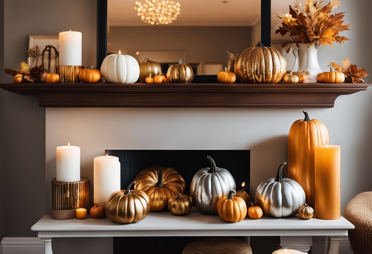 A cozy living room with metallic pumpkins arranged on a mantel, coffee table, and shelves, surrounded by warm autumn colors and soft lighting