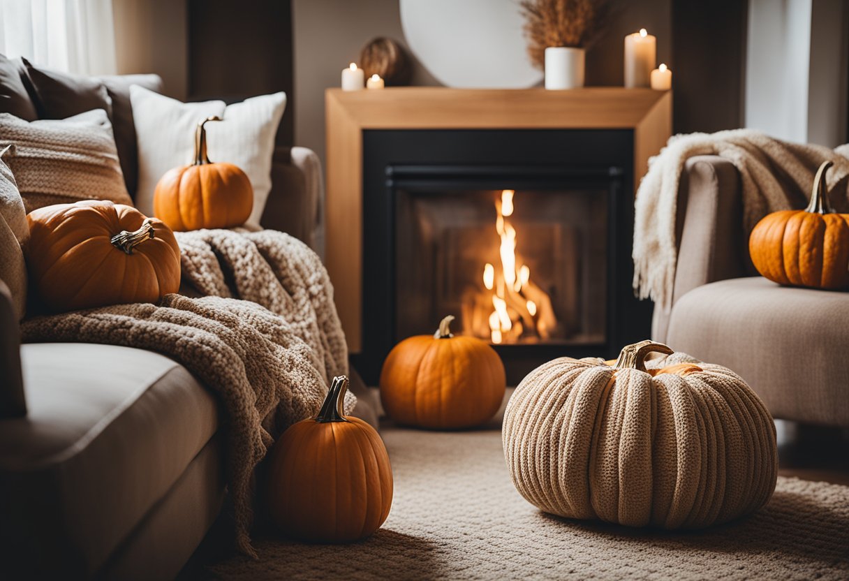 A cozy living room with warm, earthy tones. A crackling fireplace, plush throw blankets, and decorative pumpkins create a fall-inspired atmosphere