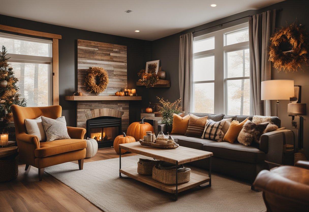 A living room adorned with cozy flannel throws, warm autumn colors, and rustic decor