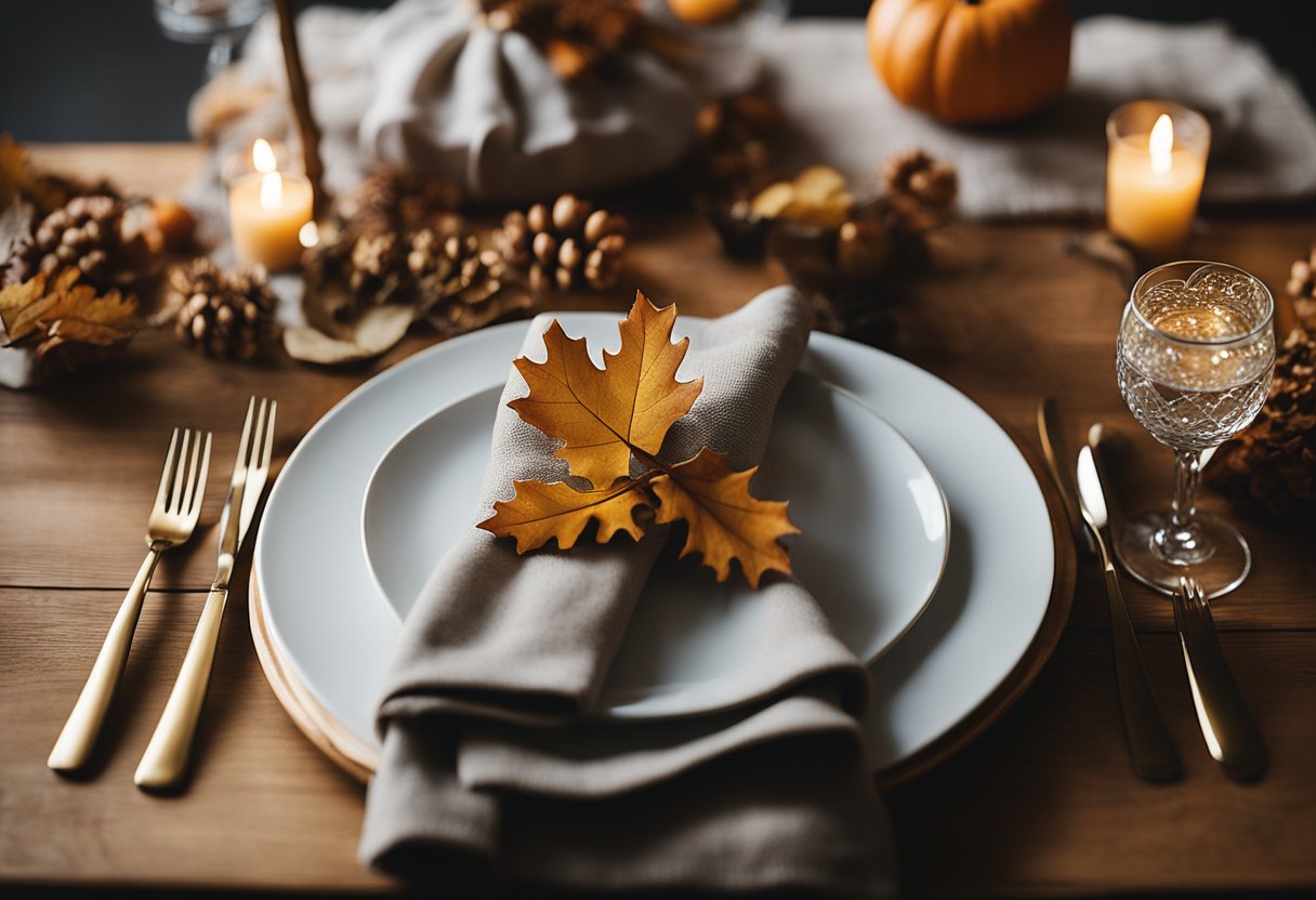 A table set with oak leaf napkin rings and fall decor in a cozy living room