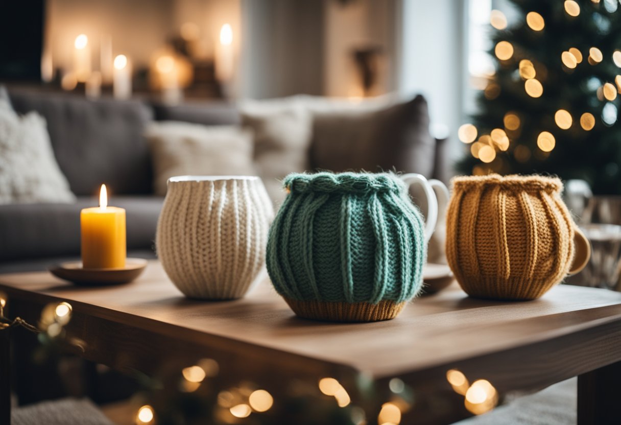 A cozy living room adorned with handmade ornaments, knitted stockings, and personalized mugs. A table displays DIY candles, painted ornaments, and handcrafted wreaths