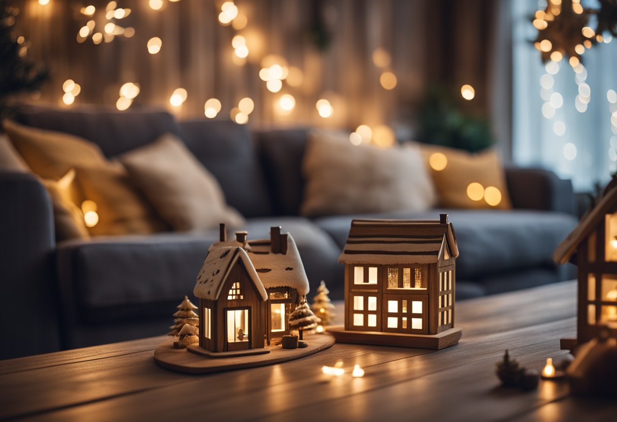 A cozy living room with a rustic wooden table adorned with handcrafted toys and festive decorations. Warm lighting and a festive atmosphere