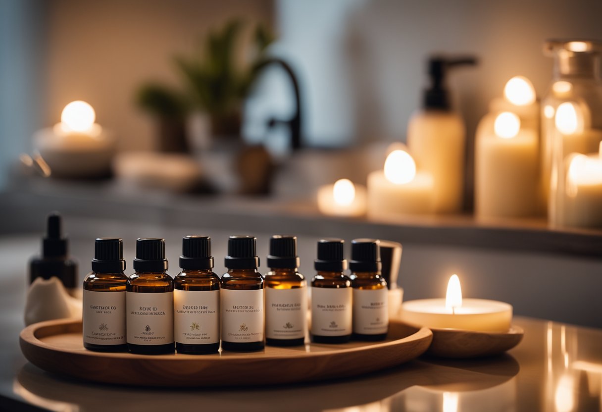 A cozy home with diffusers and candles emitting essential oils, a bath with oils, and a cleaning caddy with oil-infused products