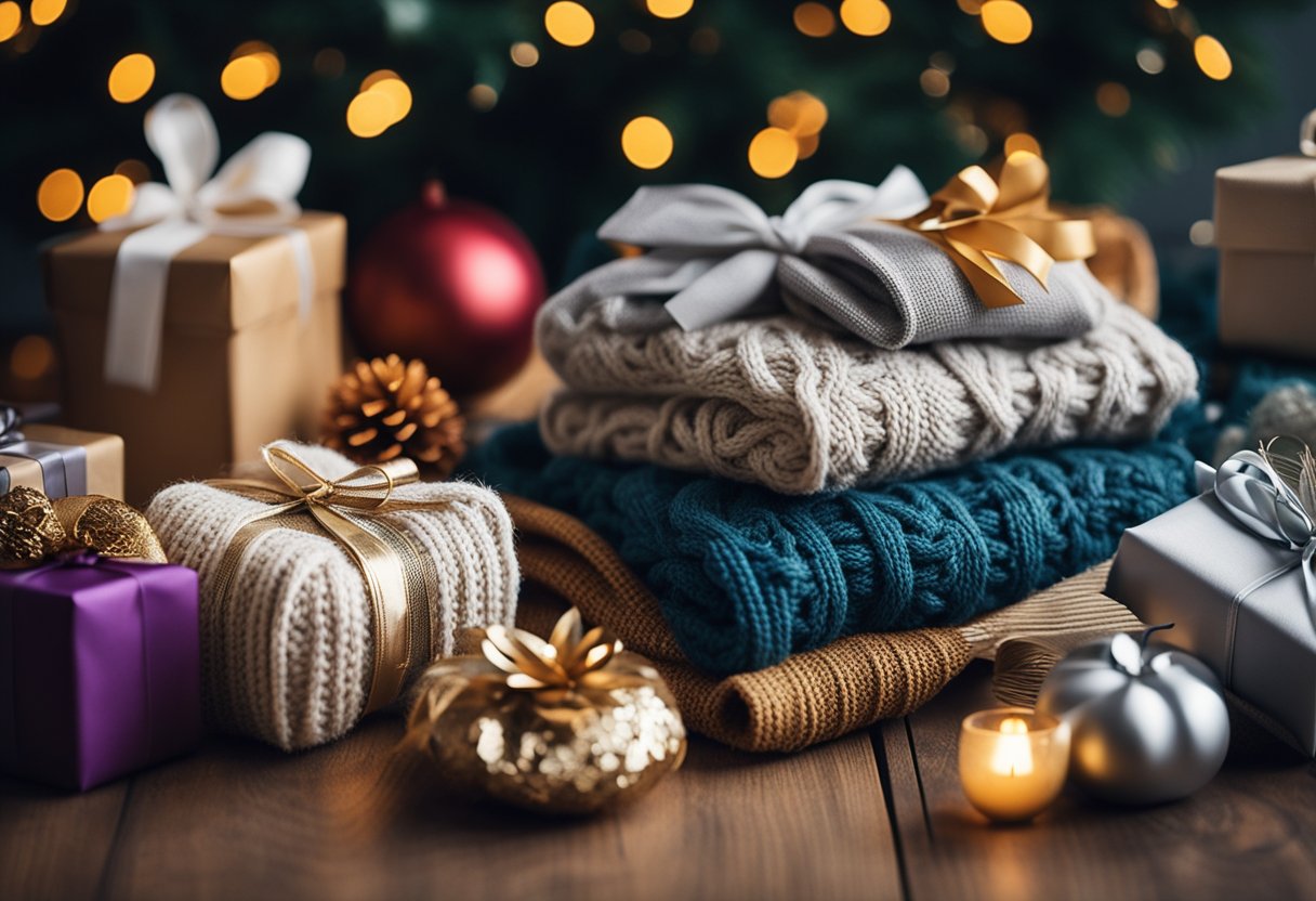 A cozy table with various knitted scarves in different colors and patterns, surrounded by festive decorations and gift wrapping materials