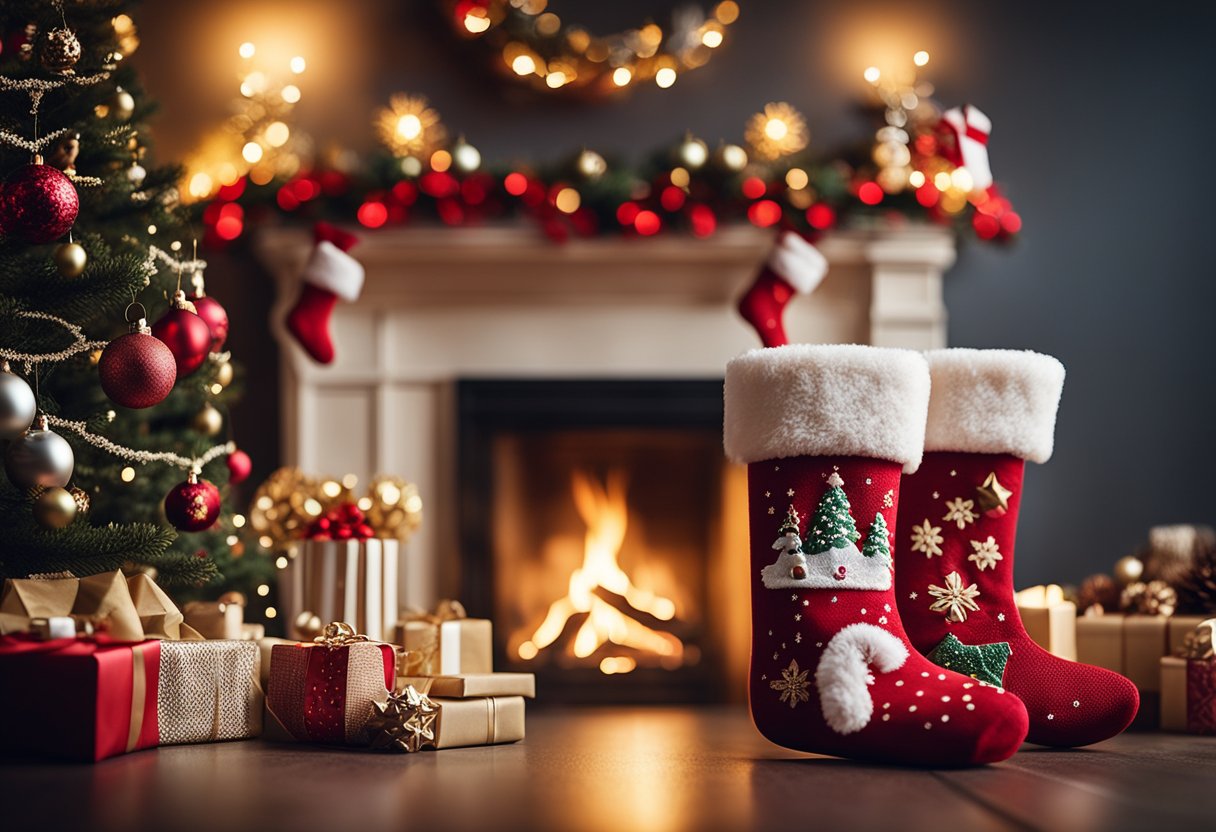 A cozy living room with a fireplace adorned with embroidered Christmas stockings. Handmade ornaments and festive decorations are displayed on a nearby table