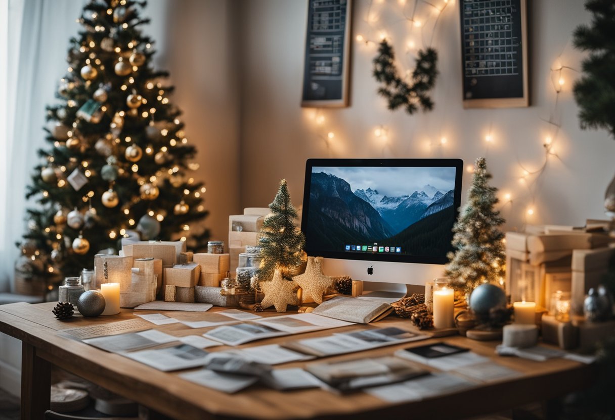 A cozy living room with a table covered in crafting supplies, surrounded by handmade photo calendars, ornaments, and other personalized Christmas gifts