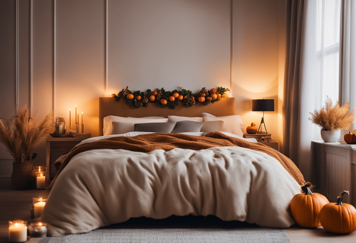 A cozy bedroom with warm autumn hues, throw pillows, and blankets. A wreath adorns the headboard, and a pumpkin-scented candle adds a touch of fall ambiance