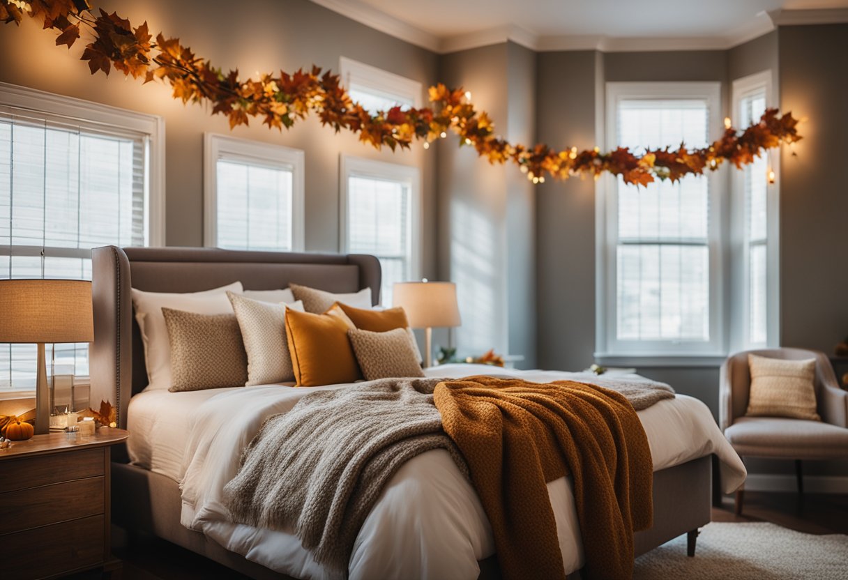 A cozy bedroom with a bed adorned with an autumn leaf garland, warm lighting, and fall-themed decor throughout