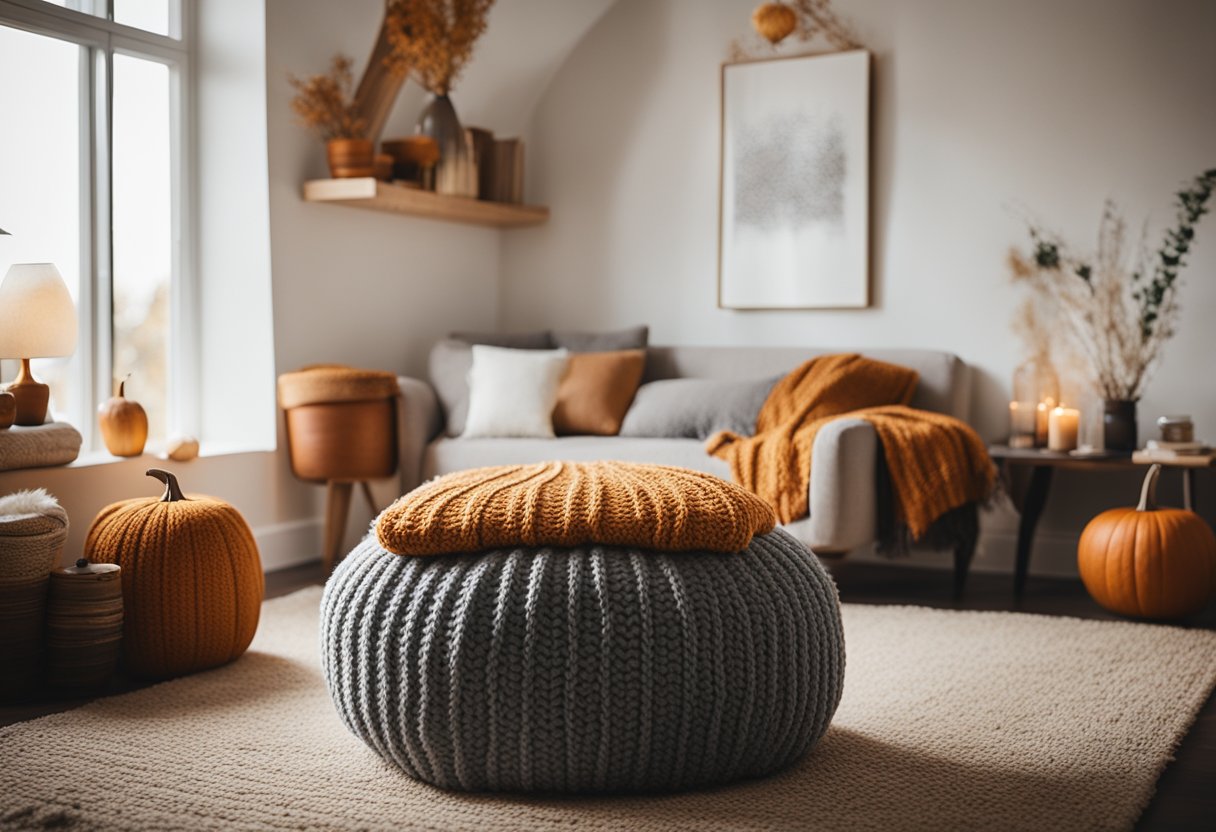 A cozy bedroom with a knitted pouf ottoman as a centerpiece, surrounded by warm fall decor such as blankets, pillows, and autumn-themed accents