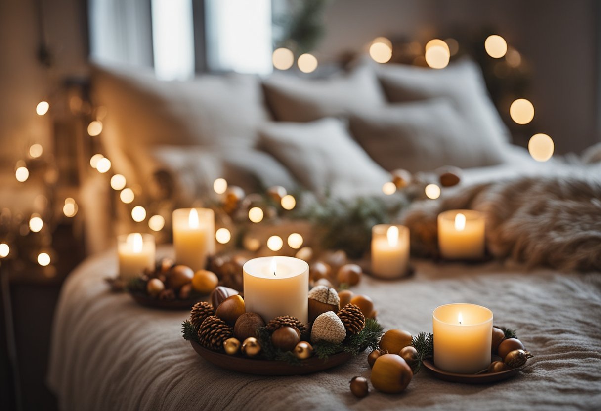 A cozy bedroom adorned with acorn decorations, including garlands, wreaths, and table centerpieces, creating a warm and inviting fall atmosphere