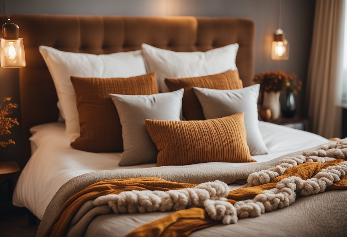 A cozy bedroom with rustic wicker baskets filled with autumn decor, such as pumpkins, pinecones, and dried flowers, adding warmth and charm to the space