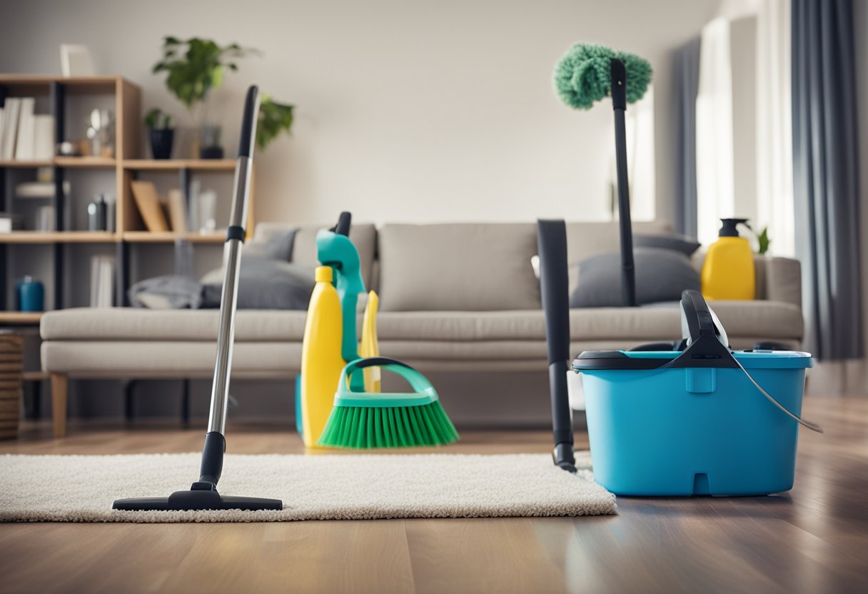 Various cleaning supplies and tools scattered around a tidy living room, with a vacuum running, a mop in motion, and a duster reaching high shelves