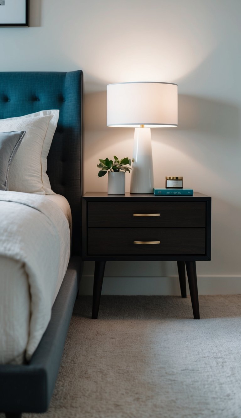 A sleek Mid-Century Modern nightstand sits beside a stylish bed, surrounded by minimalist decor and soft lighting