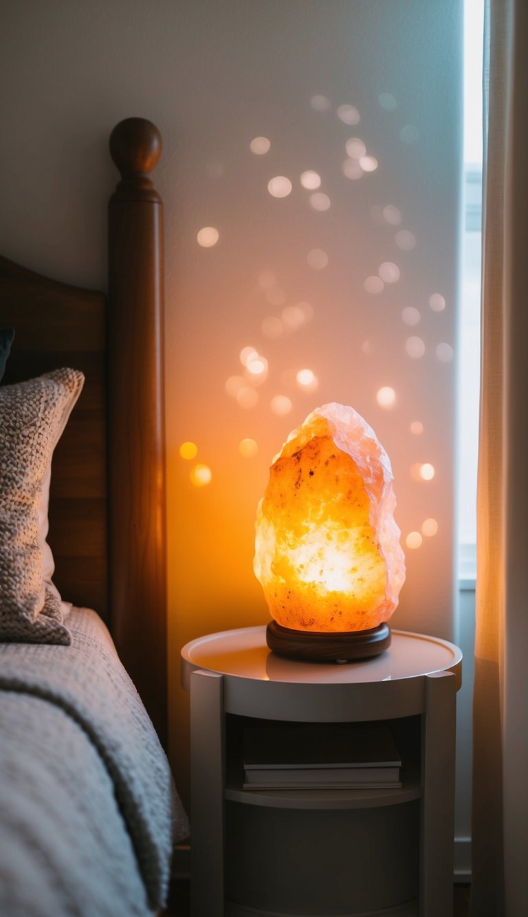 A cozy bedroom with a Himalayan salt lamp glowing softly on a bedside table, casting a warm and calming light throughout the room