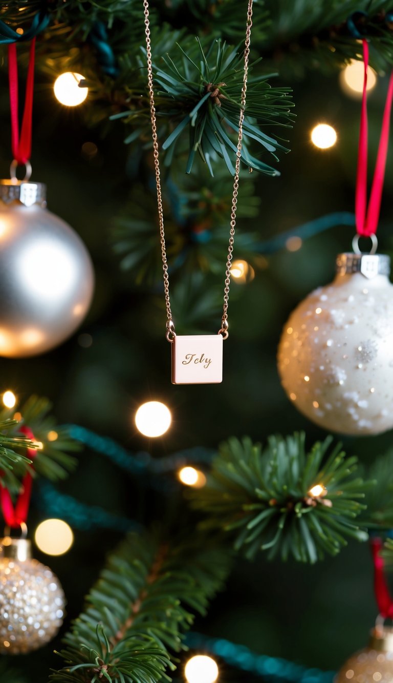 A small, delicate necklace with a personalized pendant hangs from a festive Christmas tree branch, surrounded by other sparkling ornaments and twinkling lights