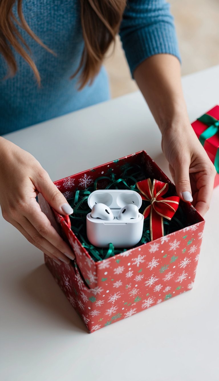 A woman unwraps a gift box, revealing a pair of wireless earbuds nestled in festive wrapping paper and a bow